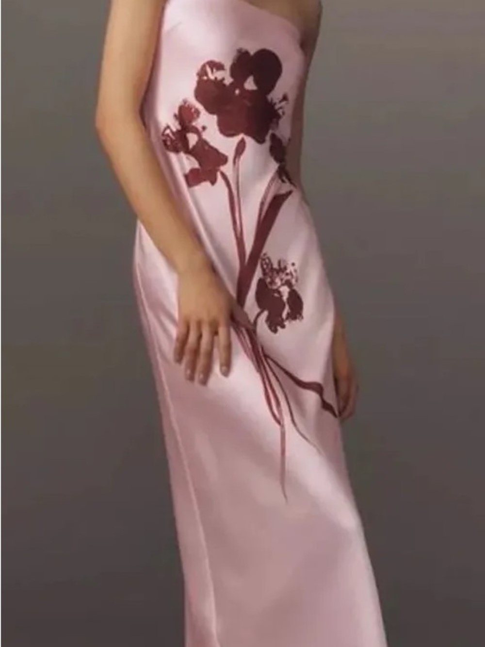 Anthropologie Pink Strapless Satin Dress with Burgundy Floral Print